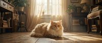 Fluffy ginger cat lounging on wooden floor in sunlit vintage room with curtains, bookshelves, and warm interior decor.