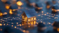 Glowing miniature house on circuit board pattern with warm bokeh lights creating magical evening atmosphere. Smart home technology concept.