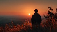 Silhouette of man standing on hill watching golden sunset over landscape with tall grass and plants creating peaceful contemplative moment.
