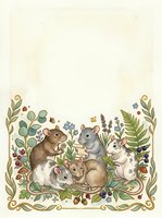 Adorable mice family gathering among wildflowers and botanical elements on cream background with decorative border for greeting cards and nursery decor.