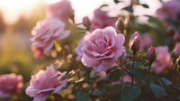 Pink roses blooming in garden at sunset with soft golden light filtering through petals, creating romantic atmosphere with bokeh effect and buds.