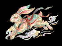 Ornate celestial rabbit leaping through clouds in pastel pink, teal, and gold tones, isolated on transparent background, ready for stickers, sublimation, and t-shirt design.