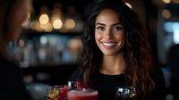 Young woman with long dark wavy hair smiling warmly while holding colorful cocktail in dimly lit bar or restaurant setting with soft bokeh lights in background.