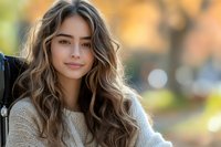 Young woman with long wavy brown hair and natural makeup smiling outdoors in autumn. Wearing cozy cream sweater against blurred golden bokeh background.