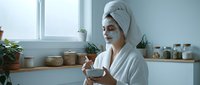 Young woman in white bathrobe and towel turban applying facial mask in modern bathroom with plants and natural light for skincare routine.