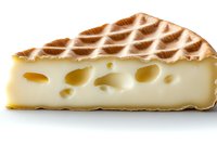 Fresh slice of grilled brie cheese with characteristic holes and golden brown grilled pattern on top, isolated on white background. Side view macro photography.