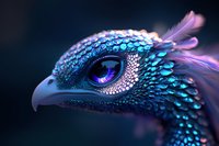 Mystical bird head with iridescent blue and purple feathers, detailed scales, and luminous eye against dark background, featuring ethereal lighting effects.