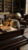 Fluffy tabby cat sitting on wooden desk with open books, brass lamp, and globe in classic library study room with leather furniture and bookshelves.