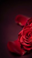 Red rose with water droplets and scattered petals on dark burgundy background for romantic Valentine's Day greeting cards and love concepts.