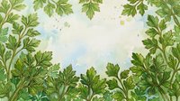 Watercolor parsley and herb leaves frame isolated on white background, ready for culinary design, cooking blogs, recipe cards, and kitchen-themed projects.