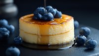 Golden caramel flan dessert topped with fresh blueberries and drizzled with syrup on dark background for gourmet food photography and culinary content.