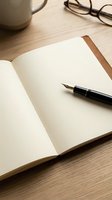 Open notebook with fountain pen on wooden desk workspace with coffee cup and glasses for writing and planning.