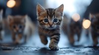Curious striped kitten walking on wet pavement with blurred bokeh lights and other kittens in background, shallow depth of field creates dreamy atmosphere.