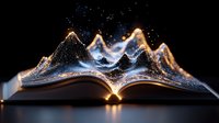 Open book with glowing mountain landscape emerging from pages, magical storytelling concept with sparkling stars and warm light effects on dark background.