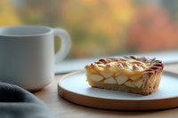Slice of homemade apple pie with caramel drizzle served on ceramic plate next to white coffee cup, soft natural window lighting creates cozy autumn mood.