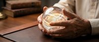Senior man with dark skin holding glowing crystal ball on wooden desk with books, symbolizing fortune telling, mysticism, and spiritual guidance for divination and occult practices.