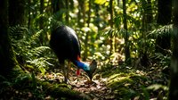 Colorful cassowary bird walking through lush tropical rainforest with dappled sunlight filtering through dense green ferns and vegetation.