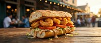 Crispy fried shrimp sandwich with lettuce and sauce on wooden table at outdoor restaurant during golden hour sunset with string lights in background.