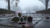 Single red rose lying on wet pavement during foggy weather, with fallen petals scattered around creating moody atmospheric scene for romance and loss concepts.