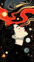 Mystical woman with flowing black hair dreaming among stars and planets, red and gold cosmic energy streams through dark space, artistic fantasy illustration.