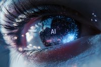 Futuristic close-up of human eye with glowing AI text and digital elements reflected in iris, representing artificial intelligence and technology advancement.