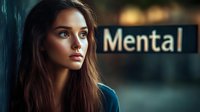 Young woman with long brown hair and intense gaze looking away thoughtfully against blurred background with mental health concept text. Emotional portrait in moody lighting.