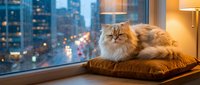 Orange tabby cat with long fluffy fur resting on brown cushion by window overlooking illuminated city skyline at dusk, warm interior lighting, cozy home setting.