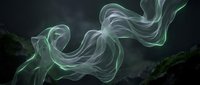 Ethereal green glowing ribbons swirl through dark stormy sky with moody clouds and forest edges, creating mystical atmospheric effect for fantasy and supernatural design projects.