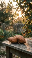 Fresh organic potatoes on rustic wooden table in sunlit garden with warm bokeh light filtering through green foliage creating peaceful countryside atmosphere.