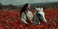 Young woman with flowing hair riding white horse through vibrant red poppy field in dreamy countryside landscape for romantic storytelling concepts.