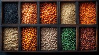 Colorful dried legumes and spices in vintage wooden box compartments, overhead view showing variety of lentils, peas and beans in rustic market display.