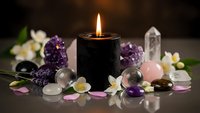 Black candle burning surrounded by healing crystals, amethyst geodes, rose quartz spheres and white flowers creating peaceful meditation altar for spiritual wellness.