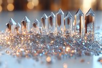 Magical crystal quartz points rising from sparkling ground with warm golden bokeh lights in background, creating mystical mineral formation landscape.