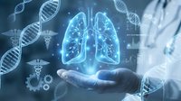 Medical professional holding glowing blue lungs hologram with DNA strands and molecular structures in futuristic healthcare technology concept.