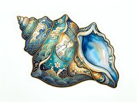 Ornate seashell with intricate gold filigree patterns, blue watercolor accents, and decorative swirls isolated on white background for design projects.