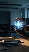 Worker holding glowing digital network sphere with interconnected nodes in modern office workspace, representing artificial intelligence, data connectivity, and technology innovation.