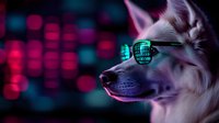 White dog wearing reflective sunglasses with digital code reflection against neon pink and blue background, cyberpunk style portrait showing modern technology concept.