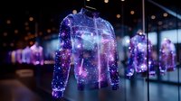 Glowing cosmic pattern bomber jacket with stars and nebula print floating in dark space, illuminated by purple and blue lights against blurred background.