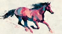 Colorful watercolor horse galloping with vibrant pink, blue and purple paint splashes on textured background for artistic designs and equestrian themes.