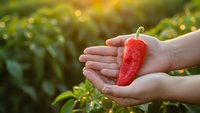 Fresh red chili pepper held in cupped hands with green garden background, organic farming and spicy food ingredient concept for cooking and agriculture.
