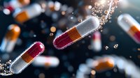 Medical capsules with red and orange contents breaking apart in water with dynamic splash effect and bokeh lights on dark background.