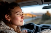 Young Caucasian woman with braided hair wearing cozy sweater driving car at sunset, side profile view with natural lighting through windshield, peaceful expression.