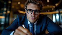 Young Caucasian businessman in glasses and navy suit signing contract at modern office desk with blurred bokeh background, professional corporate portrait.