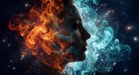Woman profile silhouette with fiery orange and icy blue cosmic energy swirls against starry space background representing duality and balance.