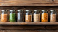 Glass jars filled with colorful dried legumes and grains on rustic wooden shelf, including lentils, peas, beans and quinoa. Natural food storage concept.
