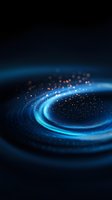 Glowing blue spiral wave with golden particles on dark background creates dynamic motion effect, suitable for technology and innovation concepts.