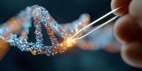 Glowing DNA molecule strand being manipulated with tweezers on dark background, genetic engineering and biotechnology research concept in blue tones.
