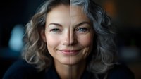 Smiling mature Caucasian woman with natural gray curly hair and bright blue eyes in dark environment showing aging process and beauty concept split photo comparison.