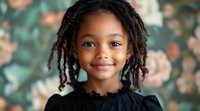 Young African American girl with natural dreadlocks and bright smile wearing black top poses against floral background, radiating joy and confidence in portrait.