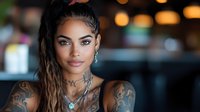 Young woman with braided hairstyle, tattoos, and jewelry posing in atmospheric restaurant setting with soft bokeh lighting in background.